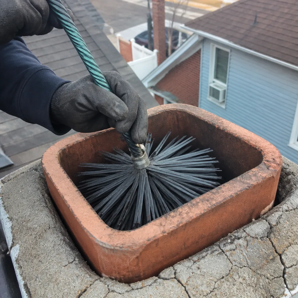 professional chimney sweep using a wire brush to clean a chimney