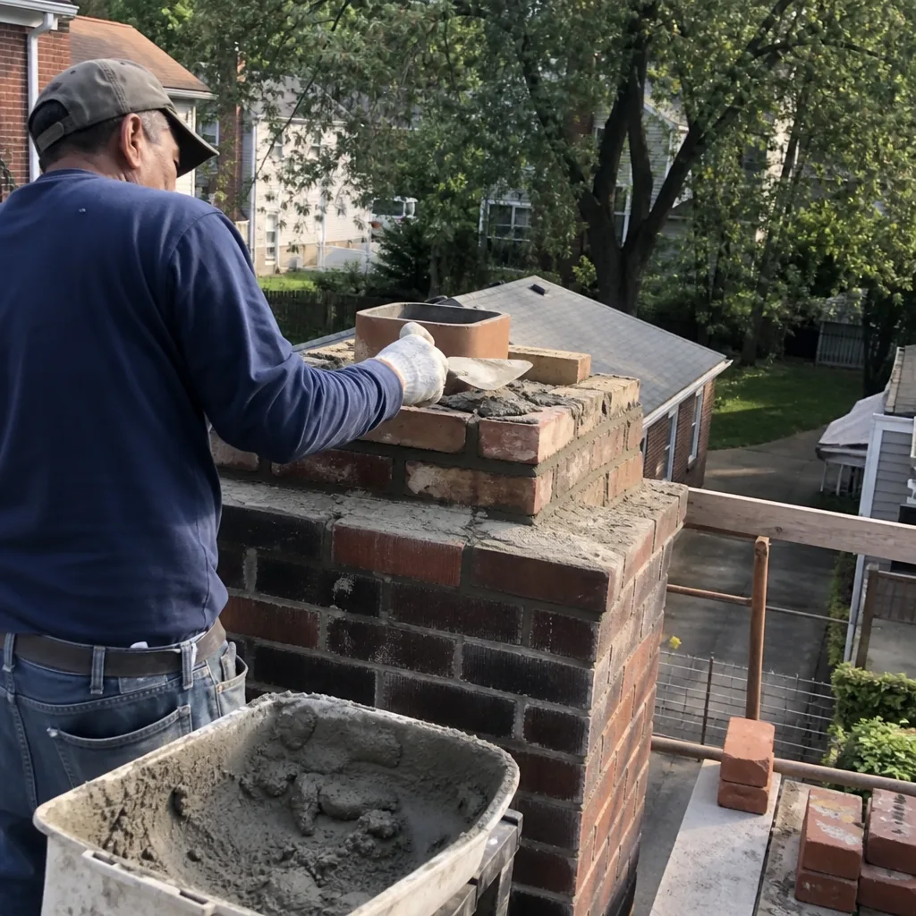 A professional construction worker performing expert chimney masonry and brick repair.