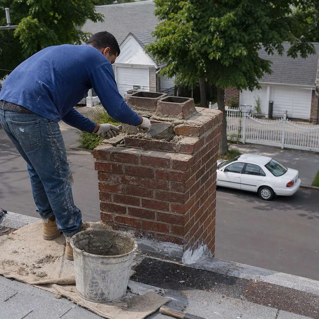 Professional mason performing brick chimney repair and mortar restoration on a rooftop.