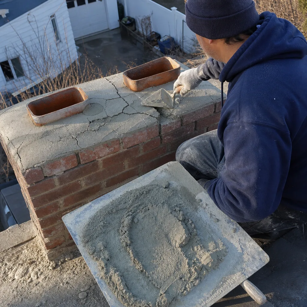 Mason performing professional brick chimney crown repair and maintenance