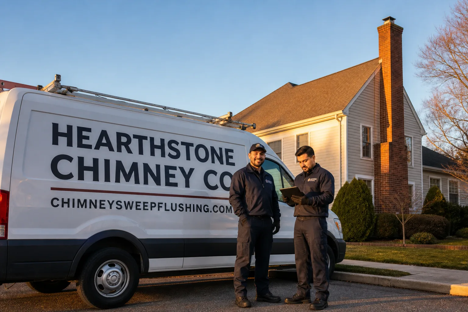 Hearthstone Chimney Co. chimney cleaning service vehicle and crew in Flushing, NY